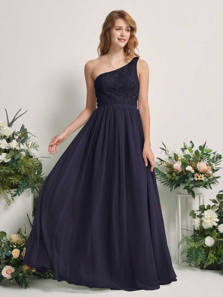 Carlyna Vestido línea A Un Hombre Hasta el suelo Gasa dama de honor Azul Marino Oscuro 