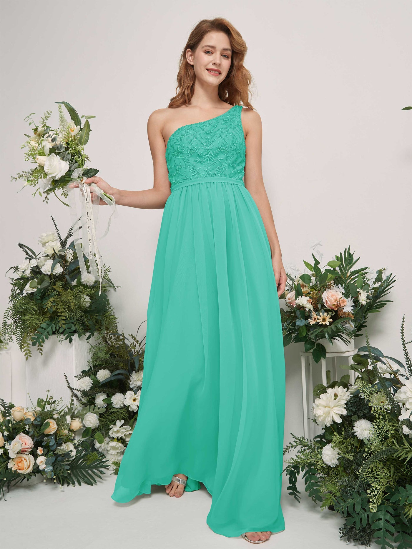 Carlyna Vestido línea A Un Hombre Hasta el suelo Gasa dama de honor Azul Tiffany #color_azul-tiffany