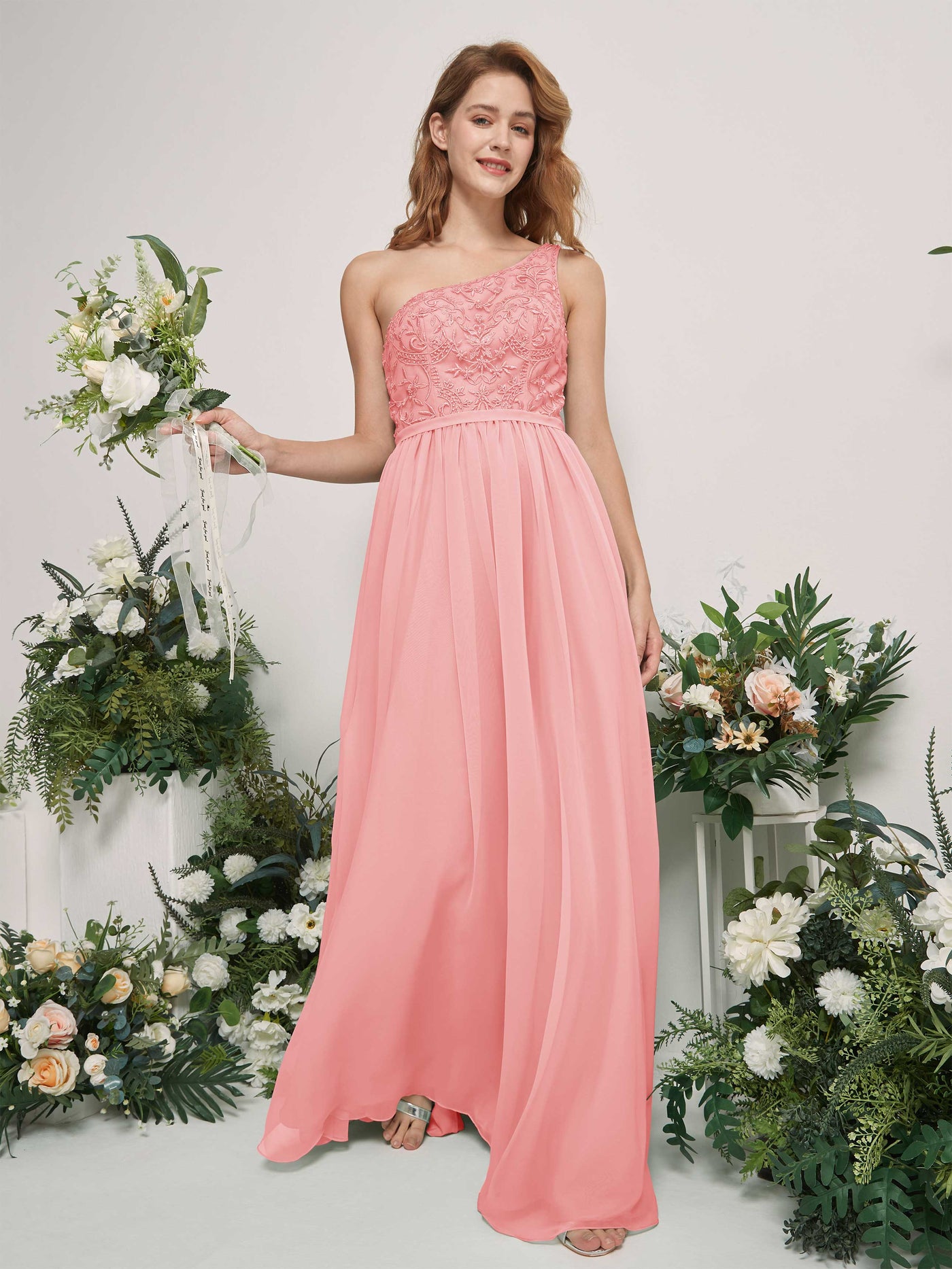 Carlyna Vestido línea A Un Hombre Hasta el suelo Gasa dama de honor Rosa Ballet #color_rosa-ballet