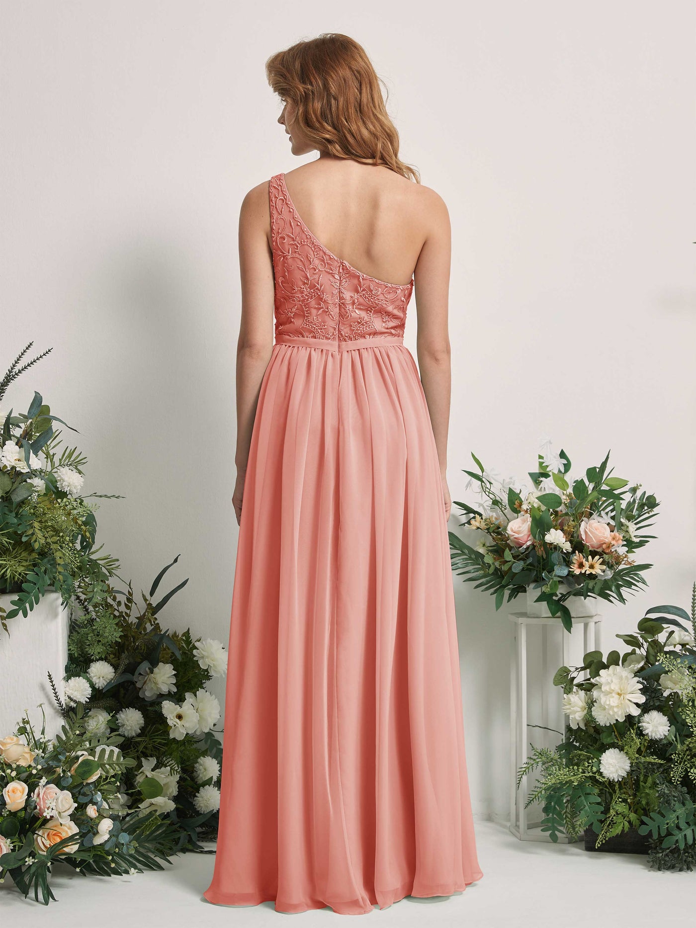 Carlyna Vestido línea A Un Hombre Hasta el suelo Gasa dama de honor Rosa Champán #color_rosa-champ-n