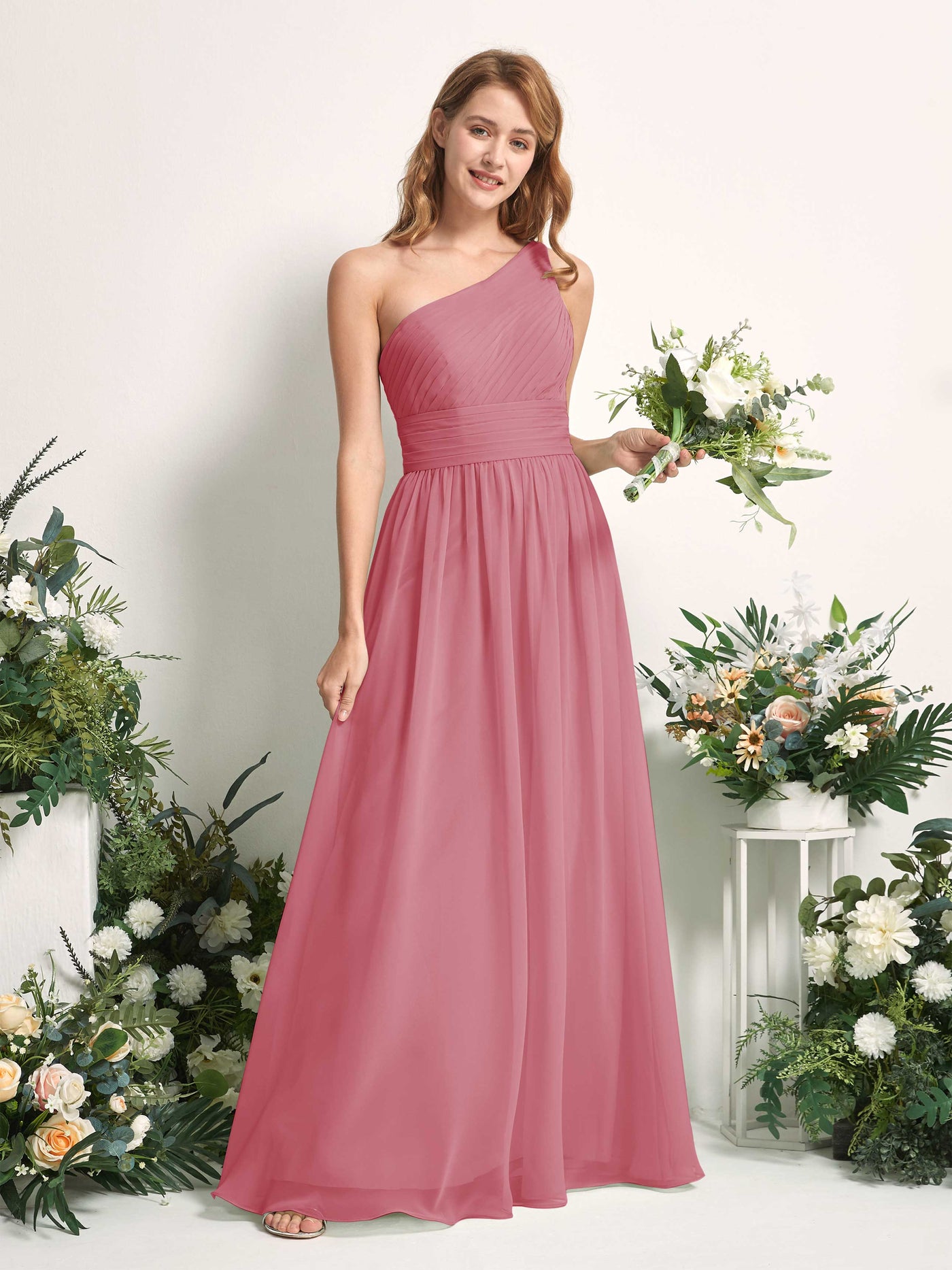 Carlyna Vestido Línea A Un Hombre Hasta el suelo Gasa Dama de honor Rosa Del Desierto #color_rosa-del-desierto