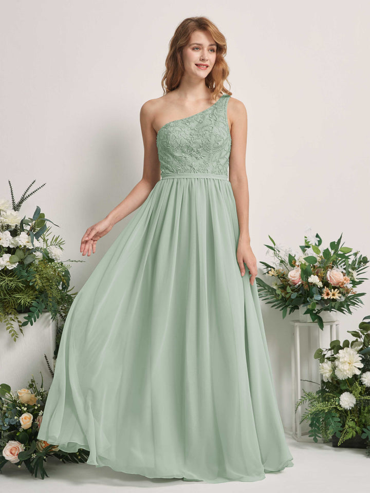 Carlyna Vestido línea A Un Hombre Hasta el suelo Gasa dama de honor Verde Salvia 