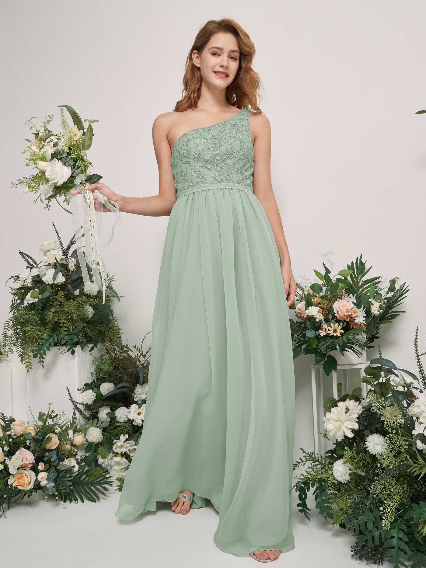 Carlyna Vestido línea A Un Hombre Hasta el suelo Gasa dama de honor Verde Salvia #color_verde-salvia