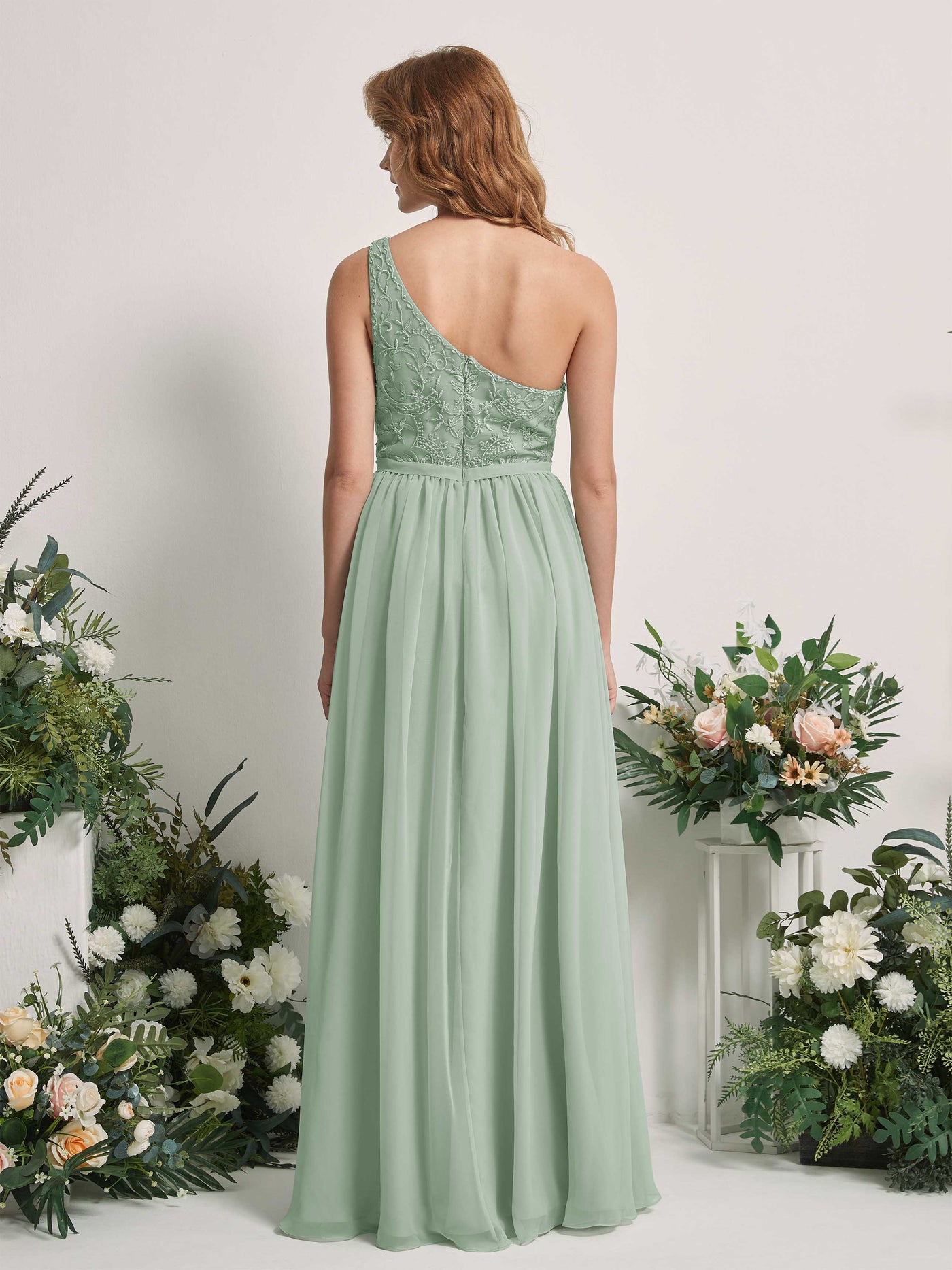 Carlyna Vestido línea A Un Hombre Hasta el suelo Gasa dama de honor Verde Salvia #color_verde-salvia