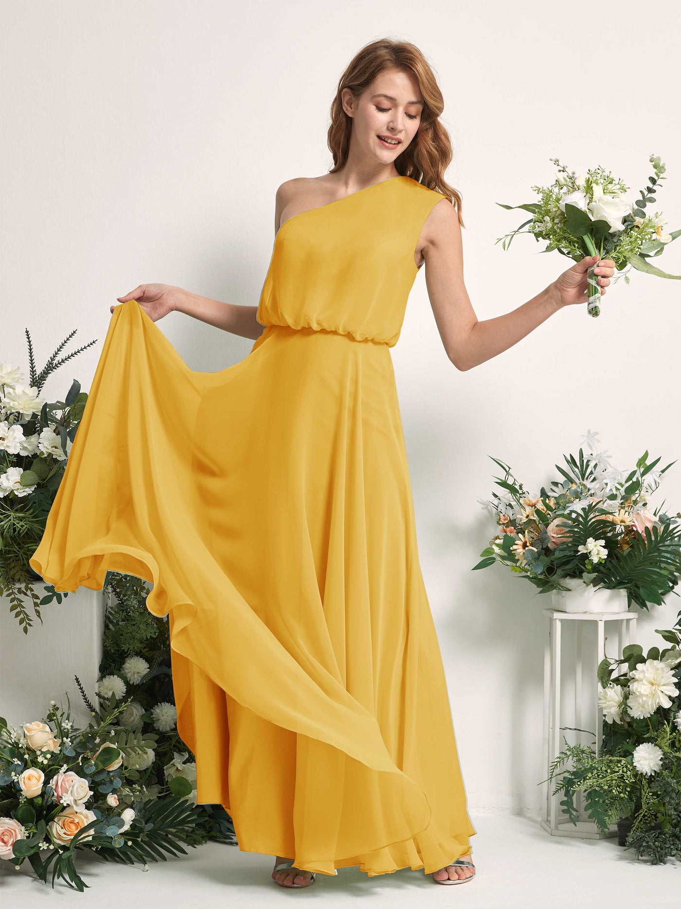 Carlyna Vestido Línea A Un Hombre Hasta el Suelo Vestidos de Dama de Honor Amarillo Mostaza #color_amarillo-mostaza