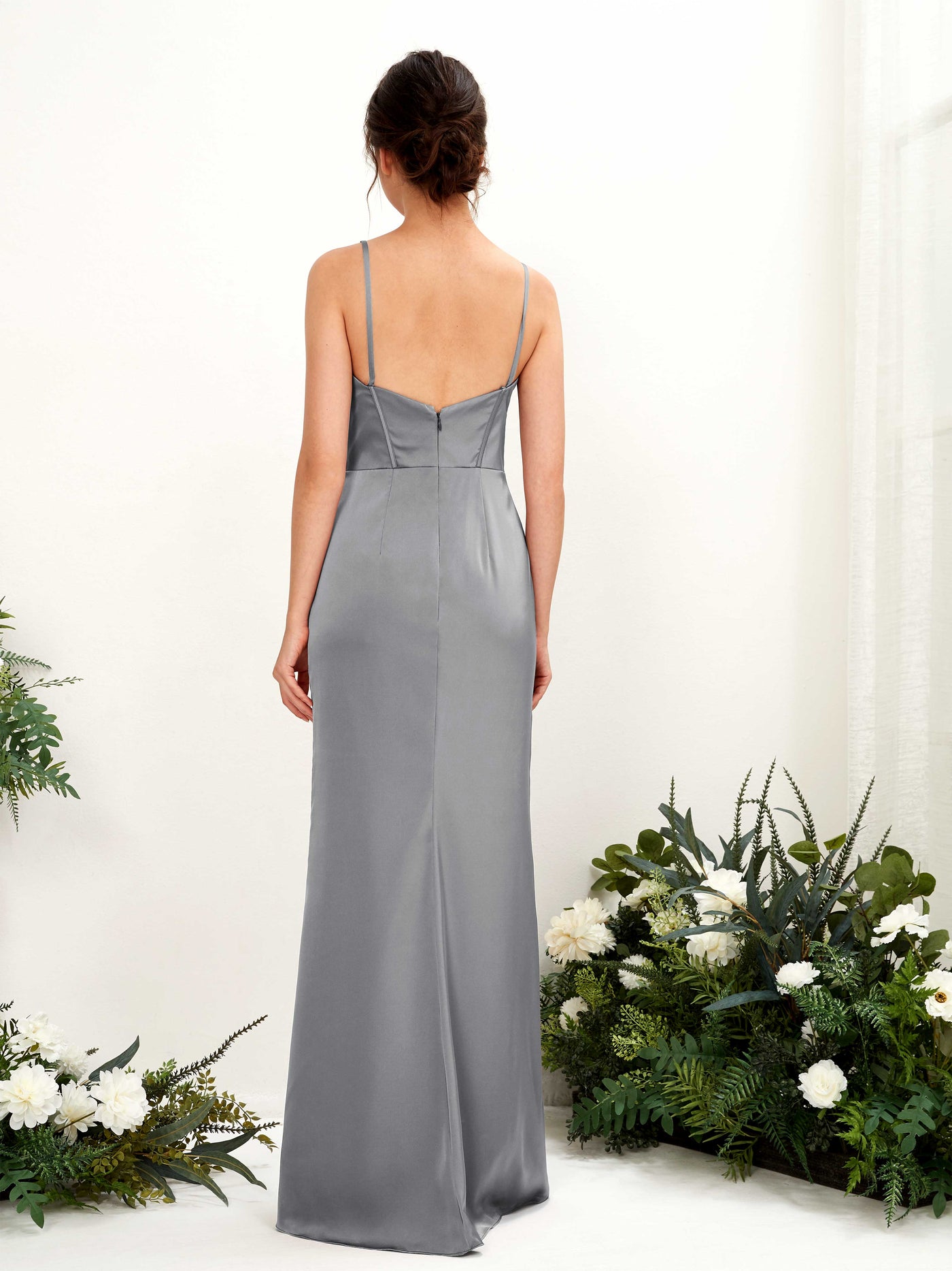 Carlyna Vestido tubo satén cuello corazón hasta el suelo dama de honor Gris Acero #color_gris-acero